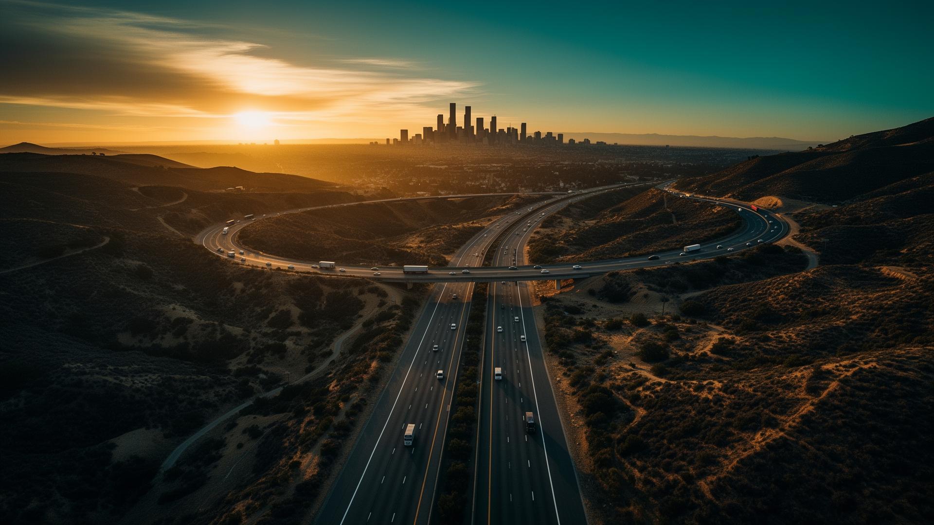 American highway at golden hour with city skyline